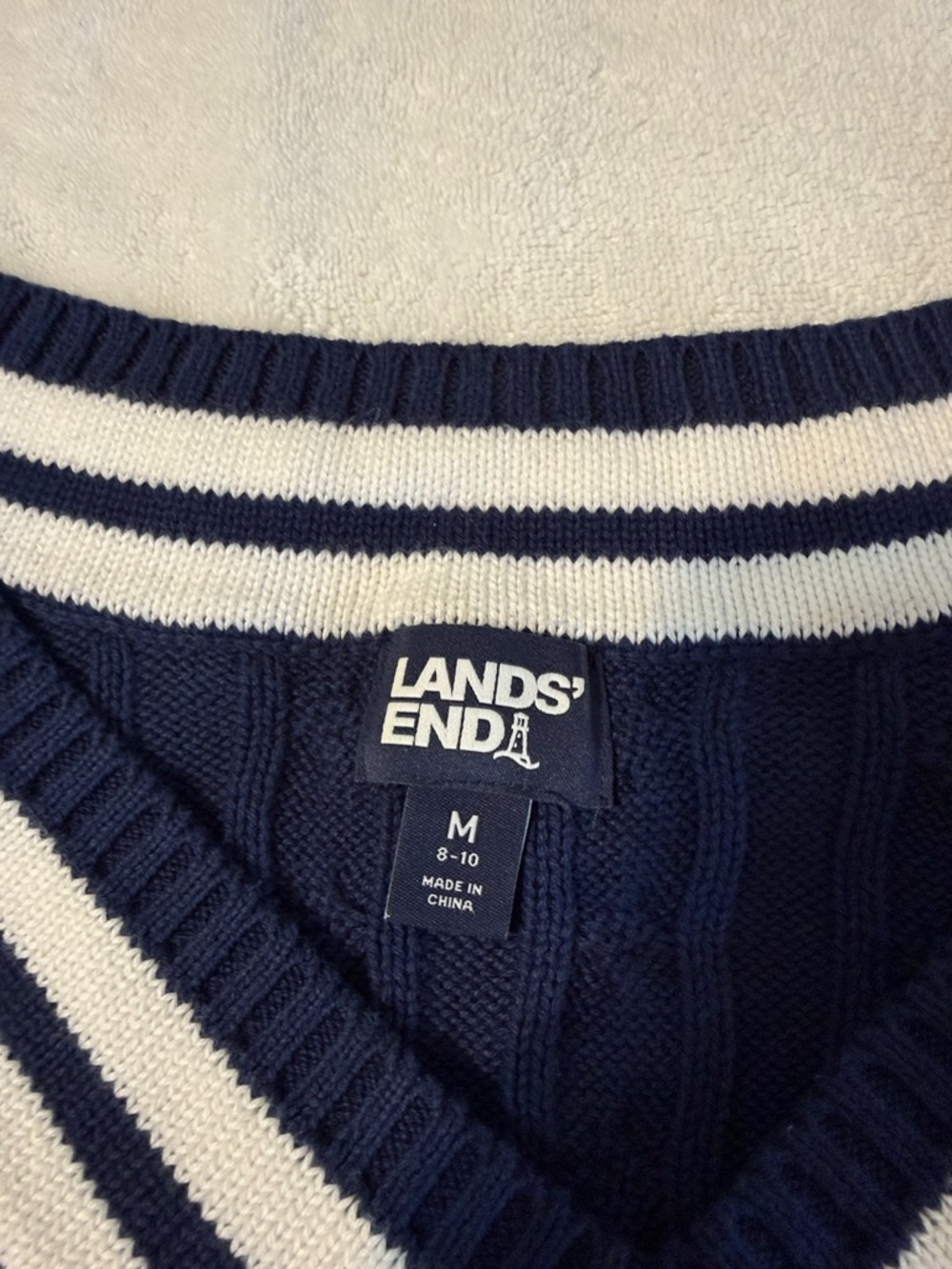 Lands' End Navy Cable V-Neck Sweater with White Trim - Picture 2 of 3